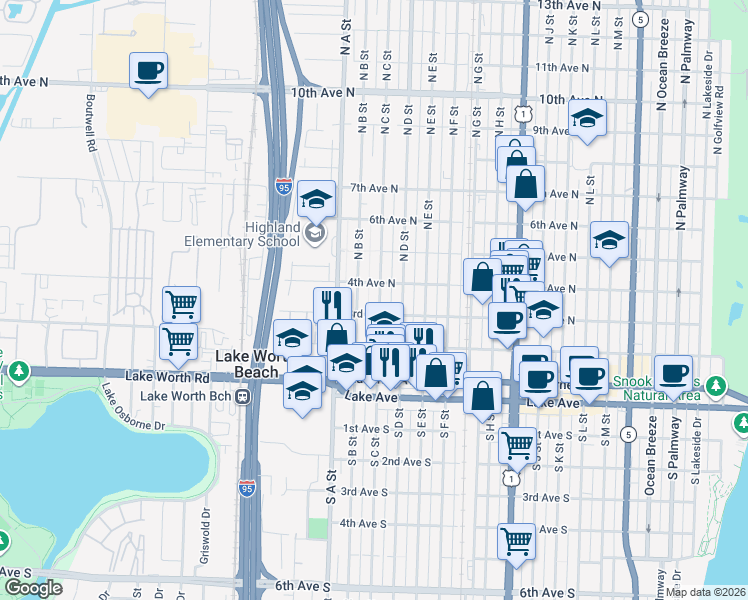 map of restaurants, bars, coffee shops, grocery stores, and more near 402 North B Street in Lake Worth