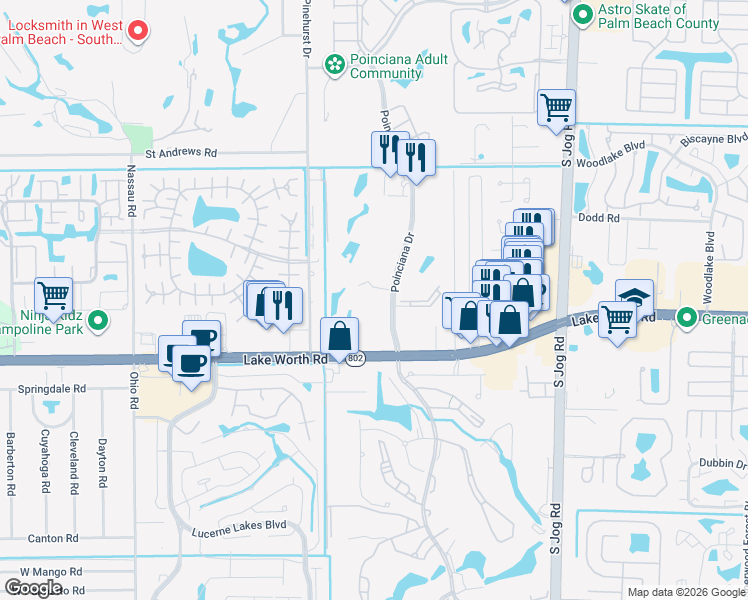 map of restaurants, bars, coffee shops, grocery stores, and more near 3810 Via Poinciana in Lake Worth