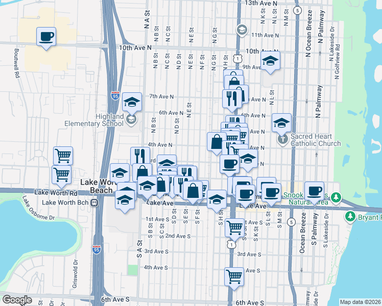 map of restaurants, bars, coffee shops, grocery stores, and more near 402 North E Street in Lake Worth