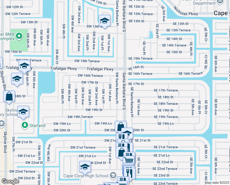 map of restaurants, bars, coffee shops, grocery stores, and more near 1709 Southwest Santa Barbara Place in Cape Coral
