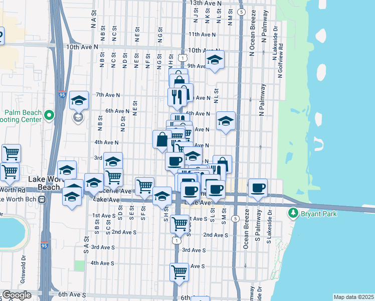 map of restaurants, bars, coffee shops, grocery stores, and more near 401 North J Street in Lake Worth