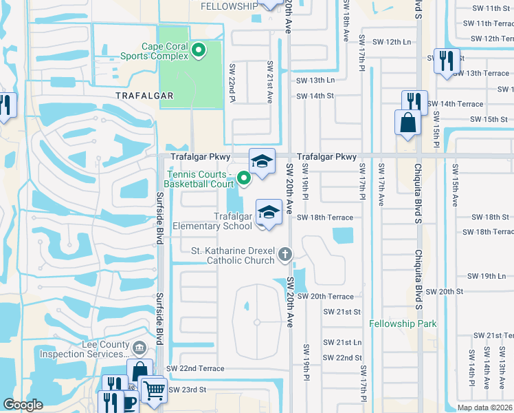 map of restaurants, bars, coffee shops, grocery stores, and more near 2120 Trafalgar Parkway in Cape Coral