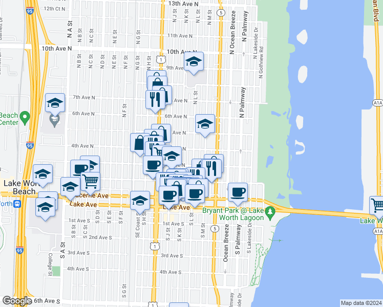 map of restaurants, bars, coffee shops, grocery stores, and more near 325 North L Street in Lake Worth