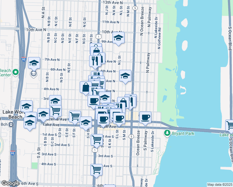map of restaurants, bars, coffee shops, grocery stores, and more near 406 North K Street in Lake Worth