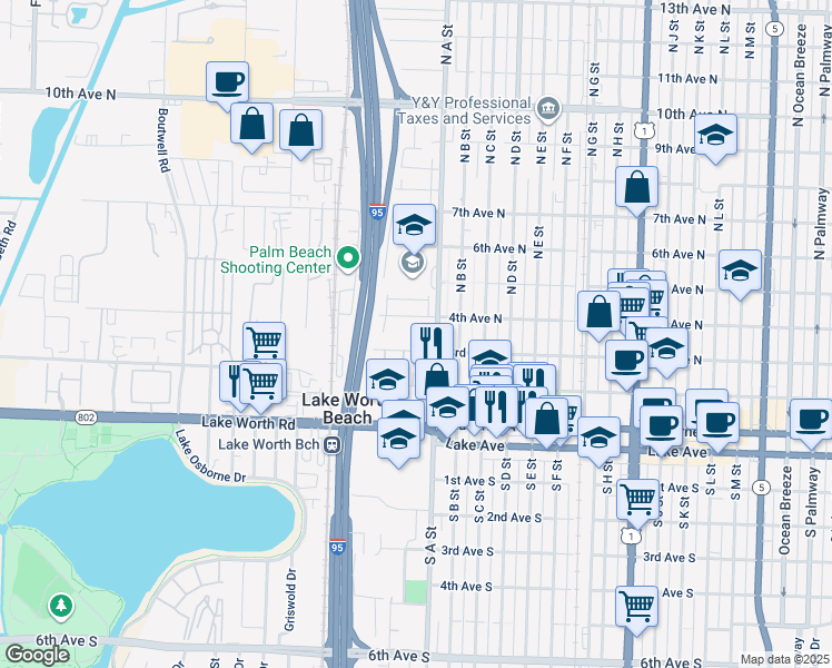 map of restaurants, bars, coffee shops, grocery stores, and more near 2003 4th Avenue North in Lake Worth