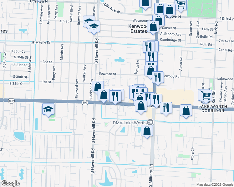 map of restaurants, bars, coffee shops, grocery stores, and more near 3785 Mil-Lake Court in Greenacres