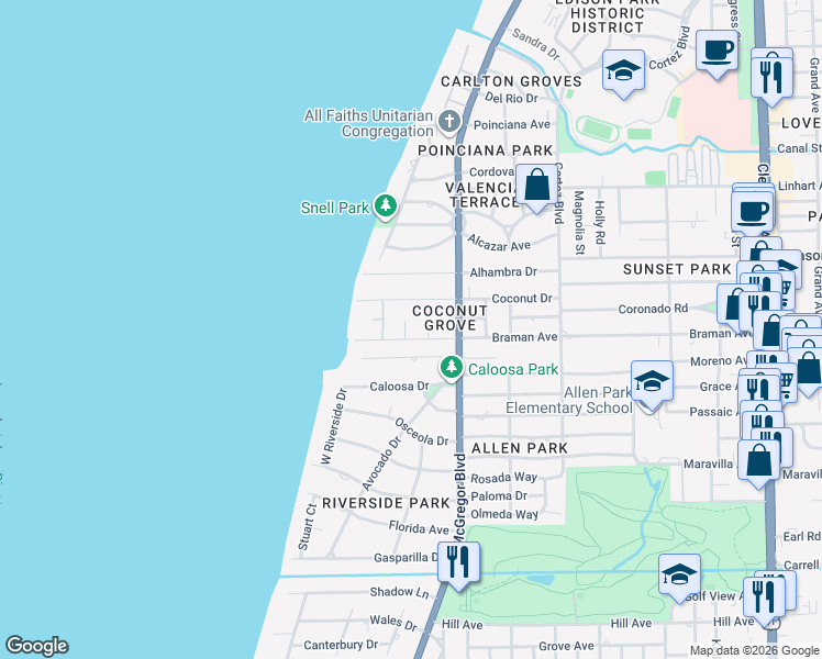 map of restaurants, bars, coffee shops, grocery stores, and more near 5 West Braman Court in Fort Myers