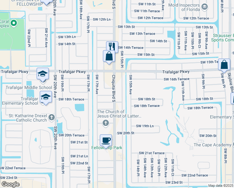 map of restaurants, bars, coffee shops, grocery stores, and more near 1706 Southwest 15th Place in Cape Coral