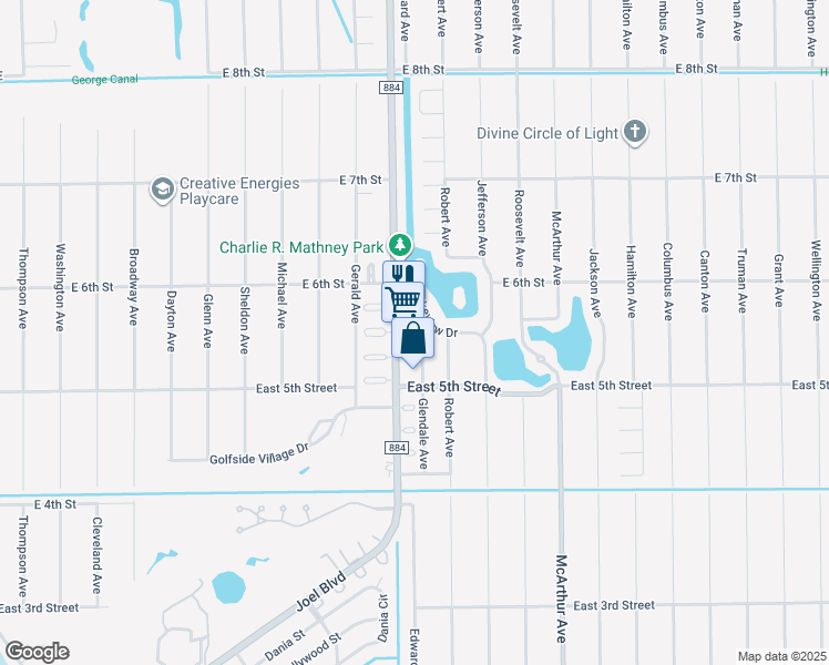 map of restaurants, bars, coffee shops, grocery stores, and more near 577 Glendale Avenue in Lehigh Acres