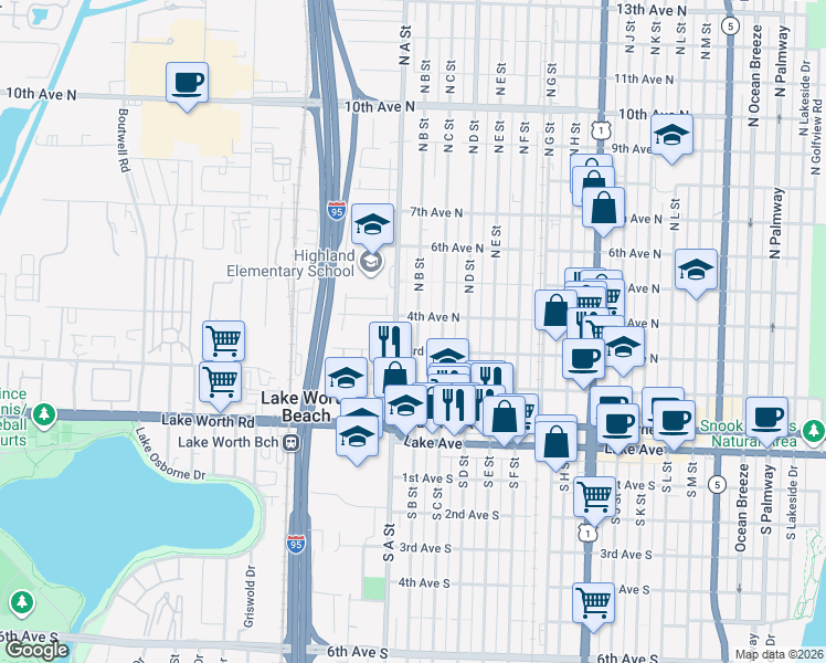 map of restaurants, bars, coffee shops, grocery stores, and more near 317 North B Street in Lake Worth Beach