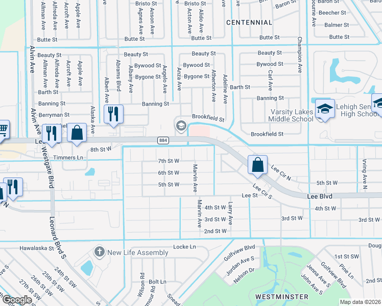 map of restaurants, bars, coffee shops, grocery stores, and more near 703 Marvin Avenue in Lehigh Acres