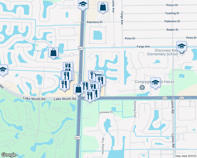 map of restaurants, bars, coffee shops, grocery stores, and more near 3570 Woods Walk Boulevard in Lake Worth