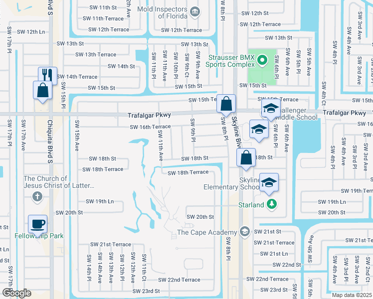 map of restaurants, bars, coffee shops, grocery stores, and more near 1717 Southwest 10th Avenue in Cape Coral