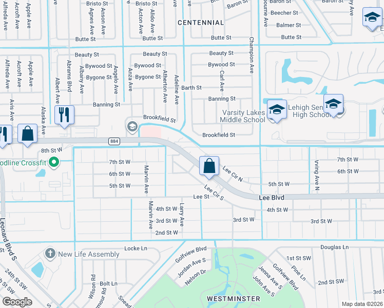 map of restaurants, bars, coffee shops, grocery stores, and more near 5106 Lee Boulevard in Lehigh Acres