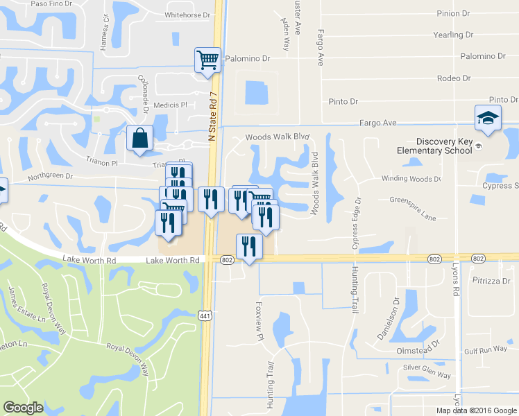 map of restaurants, bars, coffee shops, grocery stores, and more near 3570 Woods Walk Boulevard in Lake Worth