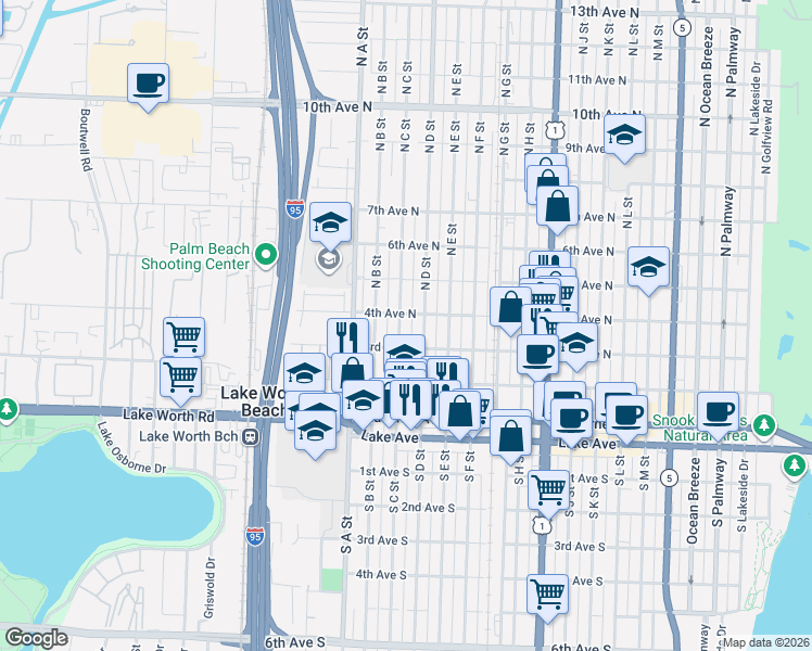 map of restaurants, bars, coffee shops, grocery stores, and more near 401 North D Street in Lake Worth