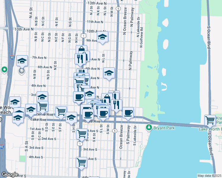 map of restaurants, bars, coffee shops, grocery stores, and more near 425 North M Street in Lake Worth