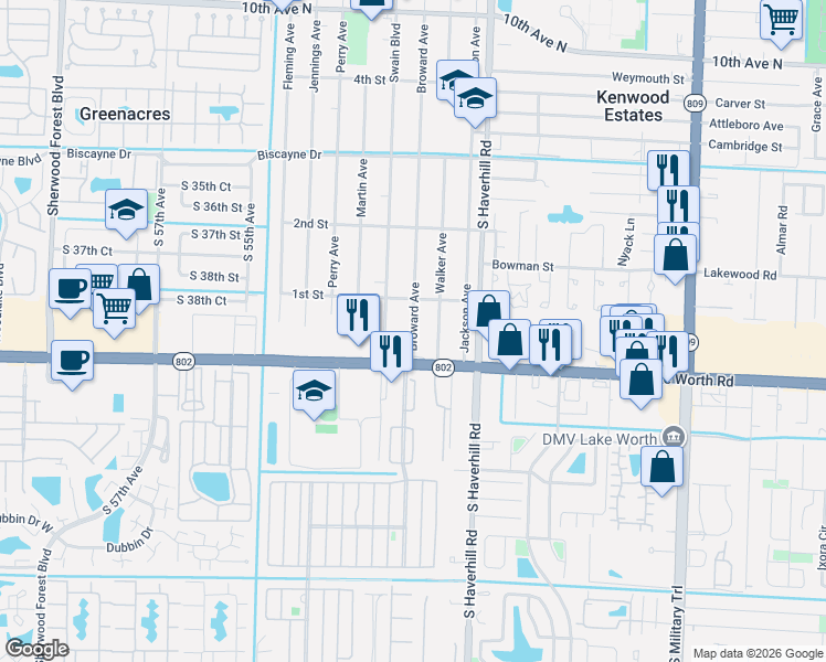 map of restaurants, bars, coffee shops, grocery stores, and more near 132 Broward Avenue in Greenacres