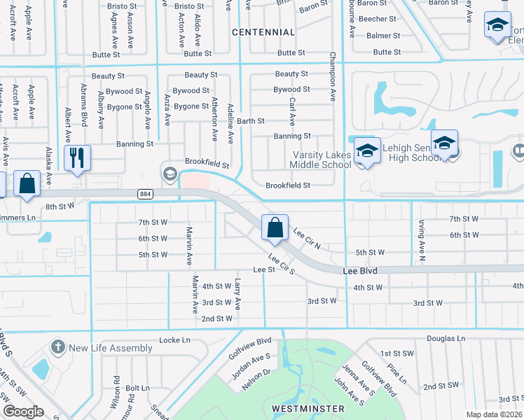 map of restaurants, bars, coffee shops, grocery stores, and more near 5103 Lee Circle North in Lehigh Acres