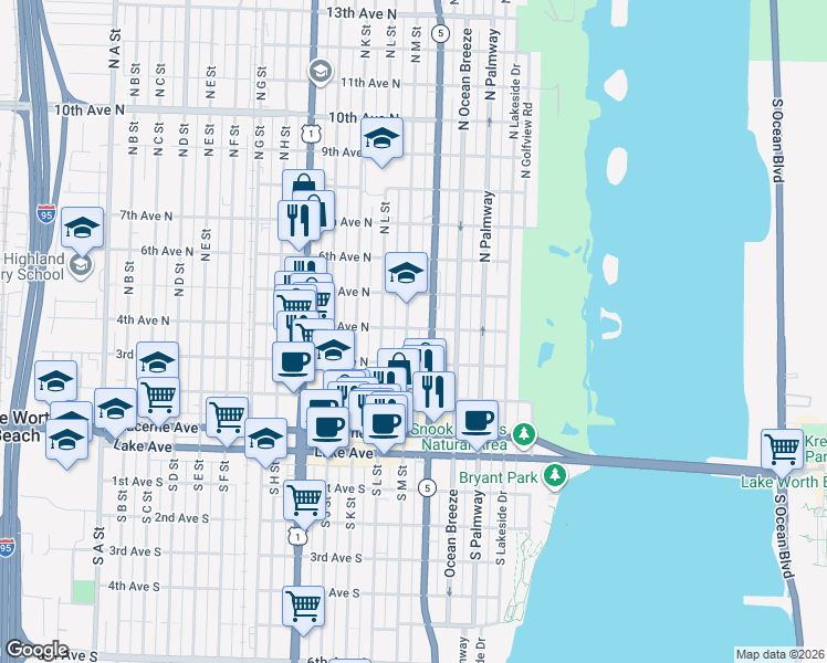 map of restaurants, bars, coffee shops, grocery stores, and more near 425 North M Street in Lake Worth