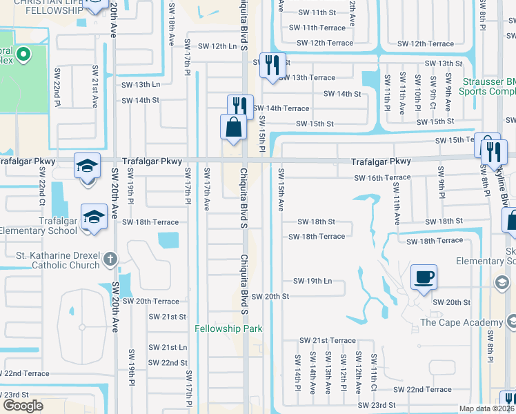 map of restaurants, bars, coffee shops, grocery stores, and more near 1706 Southwest 15th Place in Cape Coral