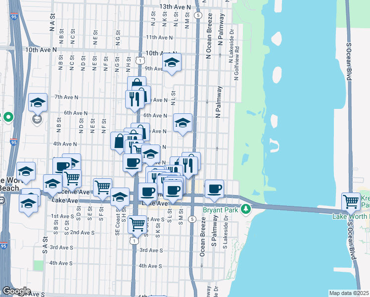map of restaurants, bars, coffee shops, grocery stores, and more near 425 North M Street in Lake Worth