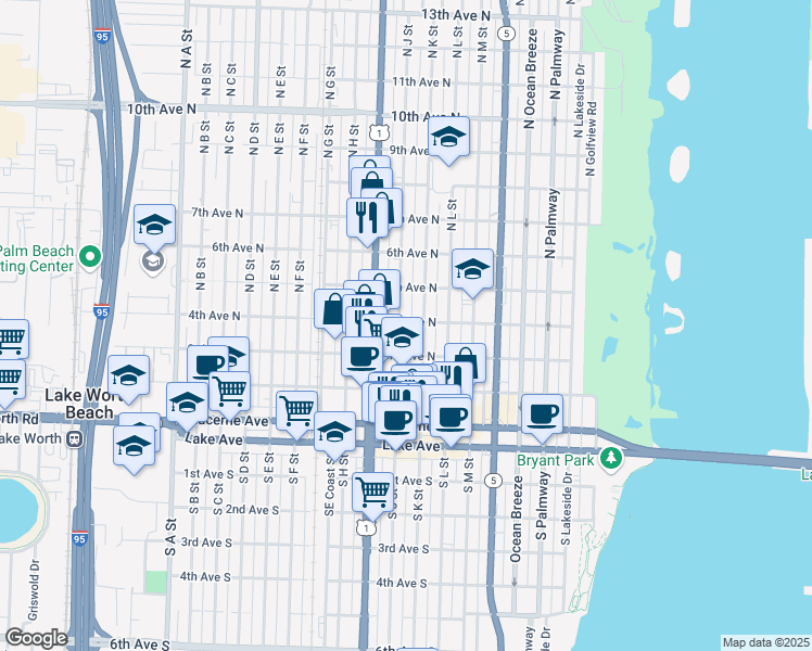 map of restaurants, bars, coffee shops, grocery stores, and more near 401 North J Street in Lake Worth