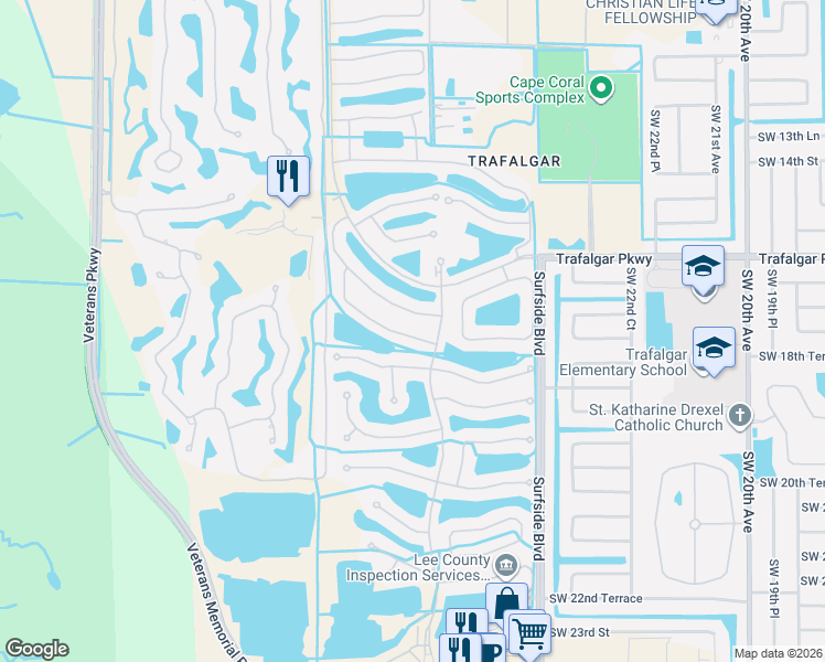 map of restaurants, bars, coffee shops, grocery stores, and more near 2641 Brightside Court in Cape Coral