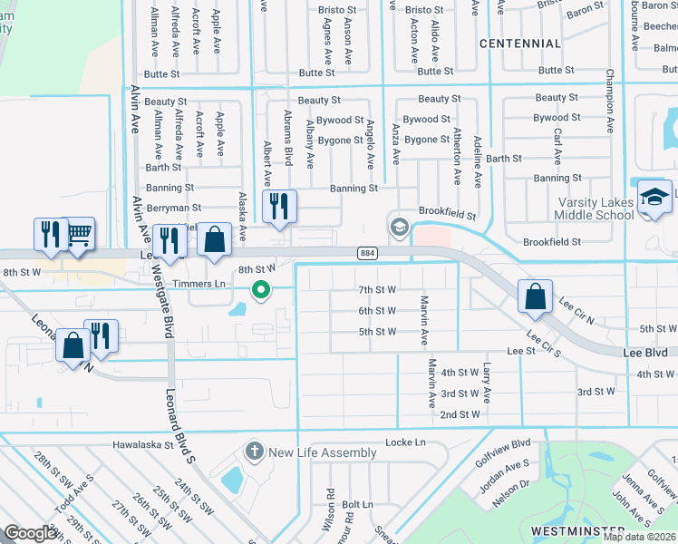 map of restaurants, bars, coffee shops, grocery stores, and more near 704 Norman Avenue North in Lehigh Acres