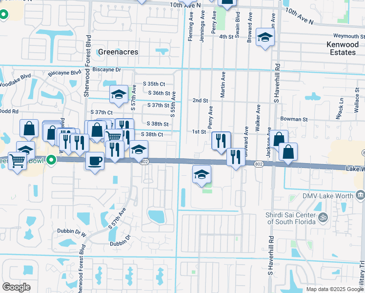 map of restaurants, bars, coffee shops, grocery stores, and more near 129 Fleming Avenue in Greenacres