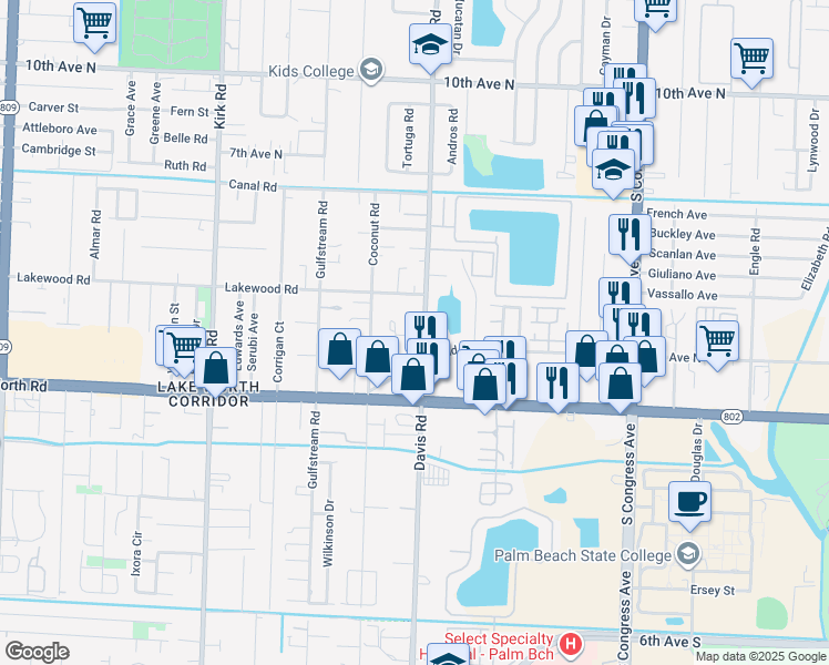 map of restaurants, bars, coffee shops, grocery stores, and more near 3819 Davis Road in Lake Worth
