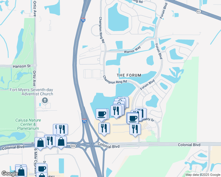 map of restaurants, bars, coffee shops, grocery stores, and more near 3200 Champion Ring Road in Fort Myers