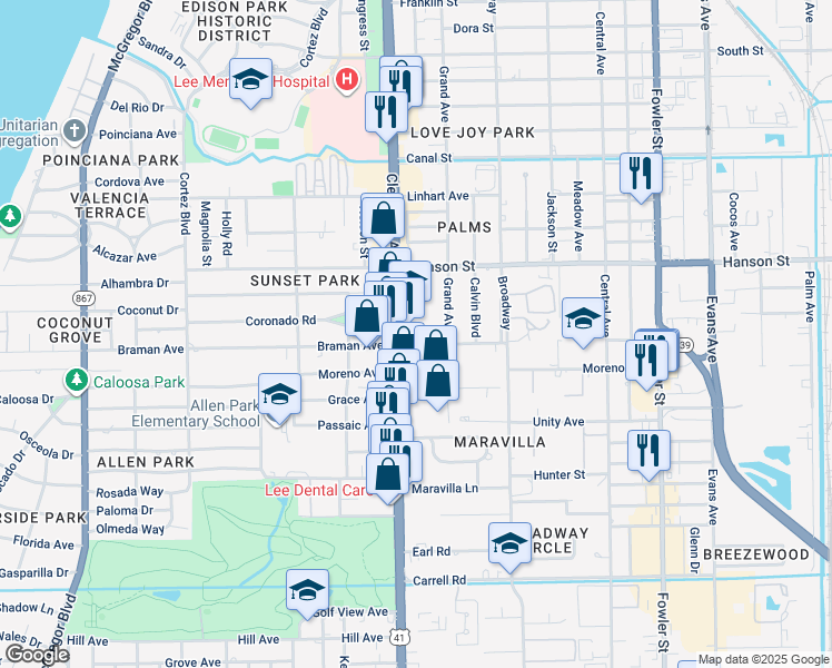 map of restaurants, bars, coffee shops, grocery stores, and more near 3057 Cleveland Avenue in Fort Myers