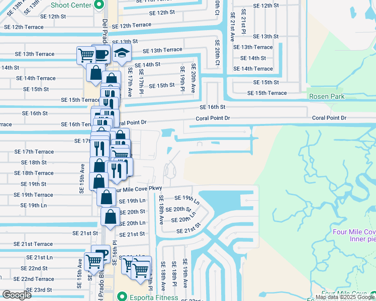 map of restaurants, bars, coffee shops, grocery stores, and more near 1781 Four Mile Cove Parkway in Cape Coral