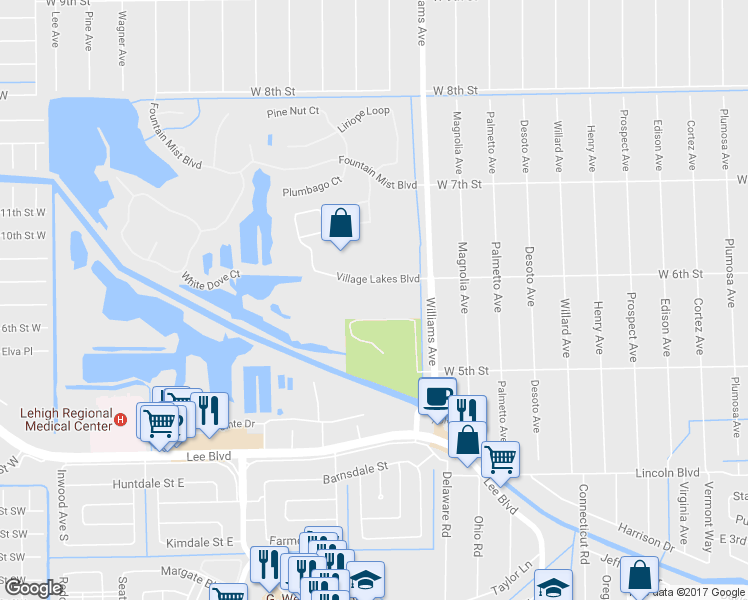 map of restaurants, bars, coffee shops, grocery stores, and more near 1145 Village Lakes Blvd in Lehigh Acres