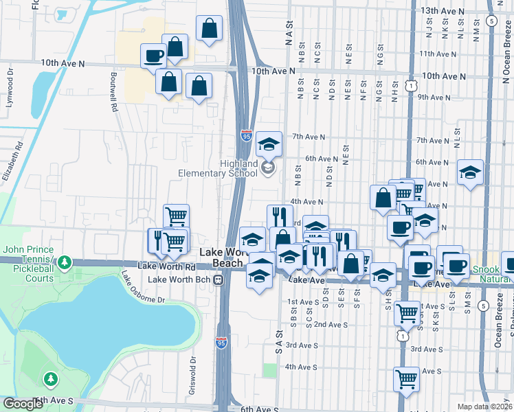 map of restaurants, bars, coffee shops, grocery stores, and more near 1751 4th Avenue North in Lake Worth