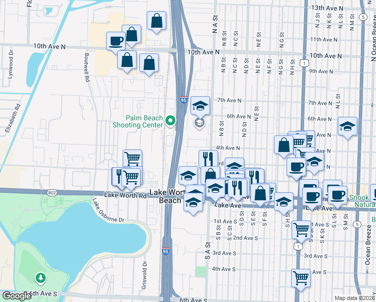 map of restaurants, bars, coffee shops, grocery stores, and more near 1751 4th Avenue North in Lake Worth
