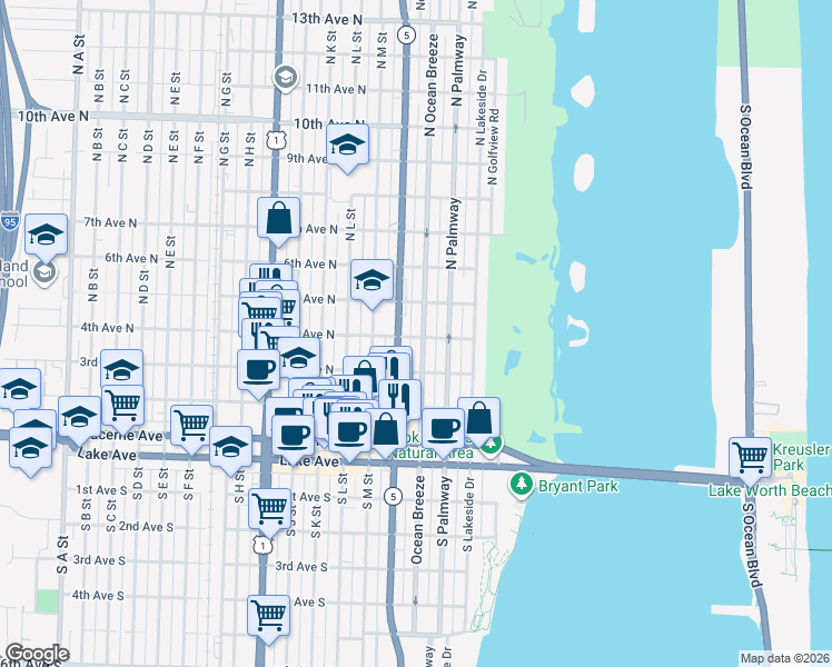 map of restaurants, bars, coffee shops, grocery stores, and more near 330 4th Avenue North in Lake Worth