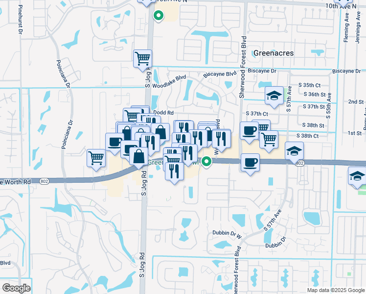 map of restaurants, bars, coffee shops, grocery stores, and more near 6295 Lake Worth Road in Greenacres