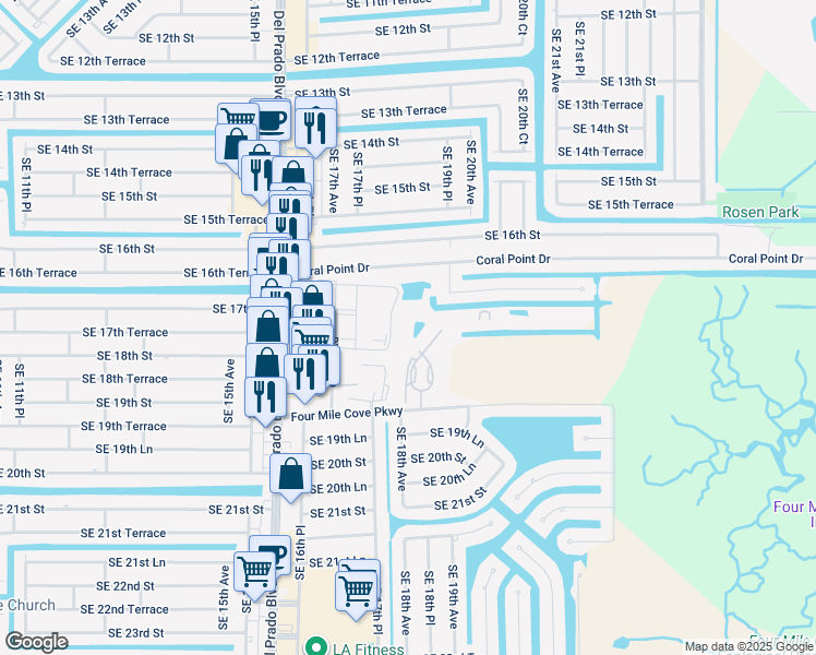 map of restaurants, bars, coffee shops, grocery stores, and more near 1775 Four Mile Cove Parkway in Cape Coral