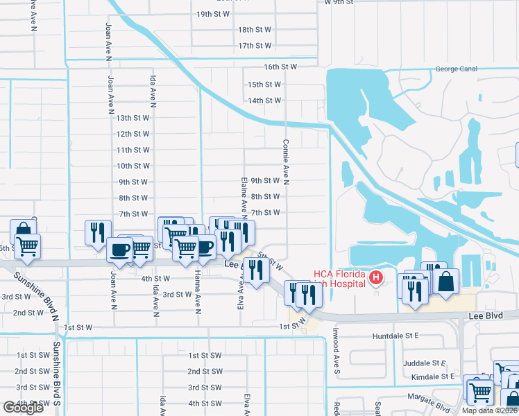 map of restaurants, bars, coffee shops, grocery stores, and more near 2607 8th Street West in Lehigh Acres