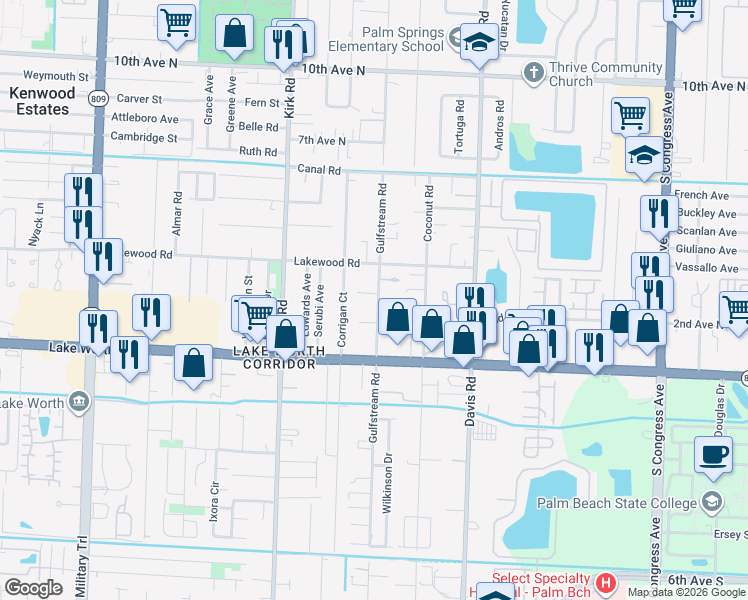 map of restaurants, bars, coffee shops, grocery stores, and more near 3837 Gulfstream Road in Lake Worth Beach