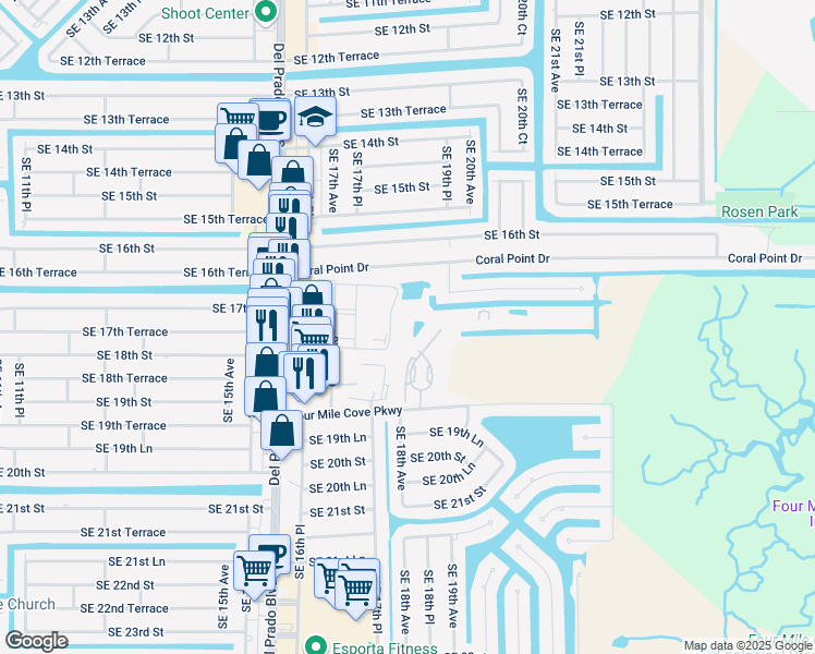 map of restaurants, bars, coffee shops, grocery stores, and more near 1775 Four Mile Cove Parkway in Cape Coral