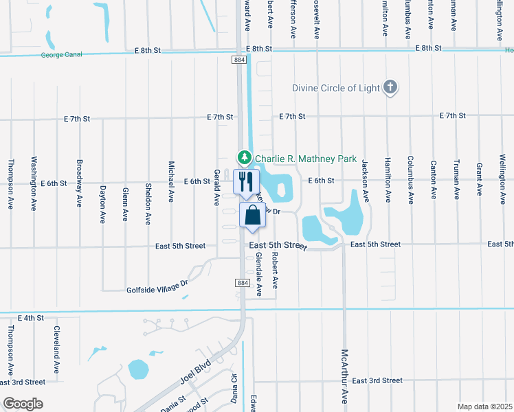 map of restaurants, bars, coffee shops, grocery stores, and more near 543 Glendale Avenue in Lehigh Acres