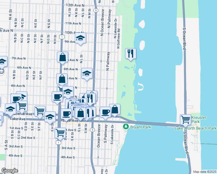 map of restaurants, bars, coffee shops, grocery stores, and more near 411 North Palmway in Lake Worth