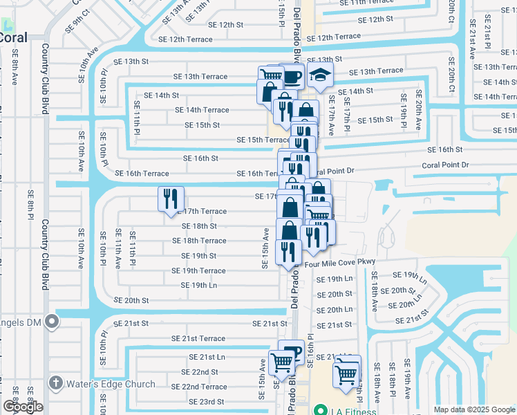 map of restaurants, bars, coffee shops, grocery stores, and more near 1447 Southeast 17th Terrace in Cape Coral