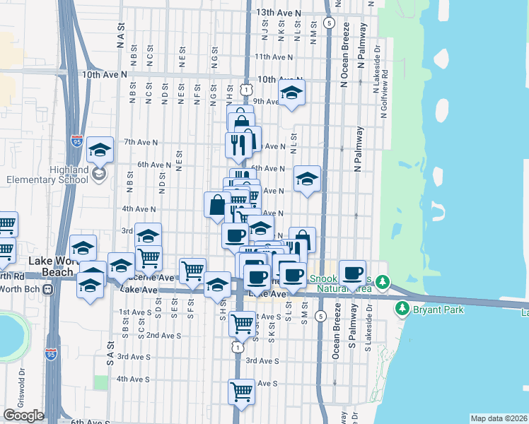 map of restaurants, bars, coffee shops, grocery stores, and more near 401 North J Street in Lake Worth
