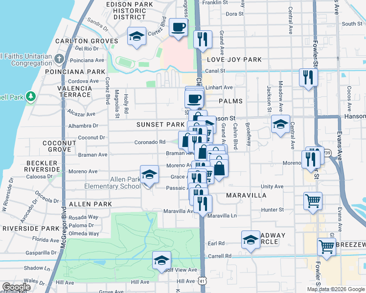 map of restaurants, bars, coffee shops, grocery stores, and more near 1936 Coronado Road in Fort Myers
