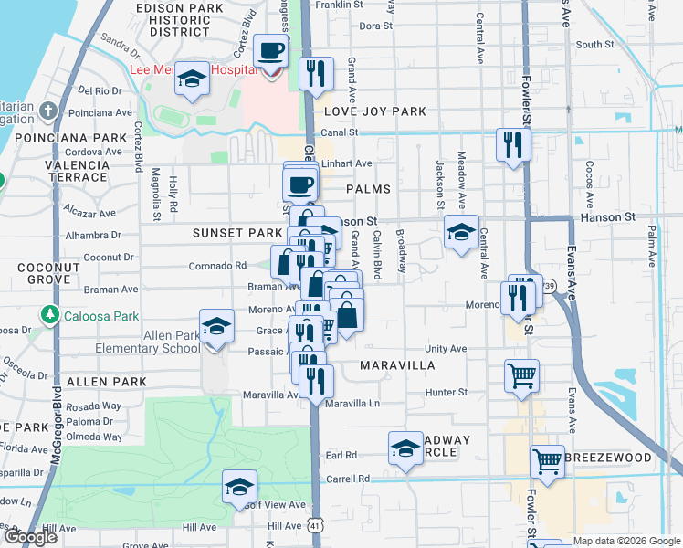 map of restaurants, bars, coffee shops, grocery stores, and more near 3057 Cleveland Avenue in Fort Myers