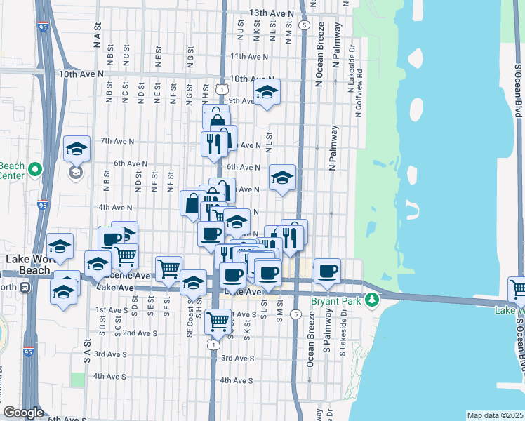 map of restaurants, bars, coffee shops, grocery stores, and more near 406 North K Street in Lake Worth